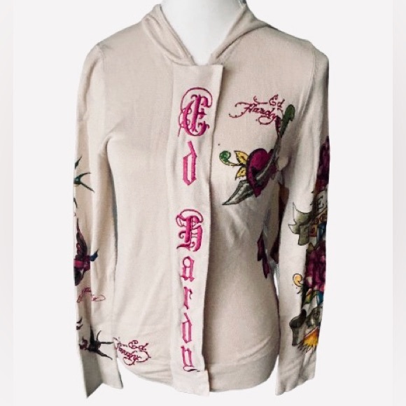 NWT Vintage ED HARDY Hoodie Sweater Cream Birds Enbroidered Designer Cardigan - Picture 3 of 15
